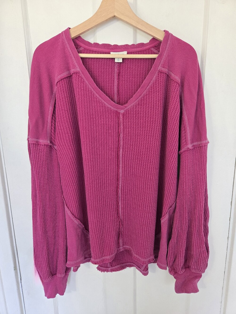 Sundance Women's Hot Pink Waffle Henley Top Size L Bohemian Oversized‎ Hippie